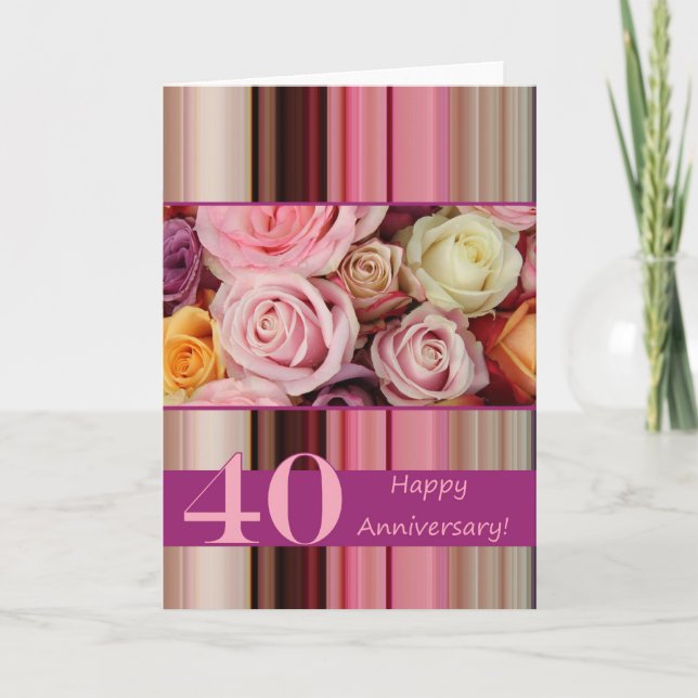 40th Wedding Anniversary Card -Pastel roses stripe (Front)
