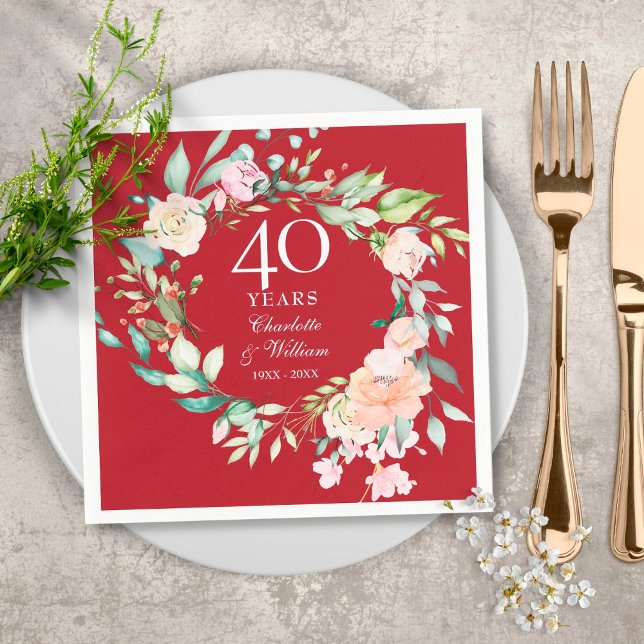 40th Wedding Anniversary Country Floral Ruby Napkin (Creator Uploaded)