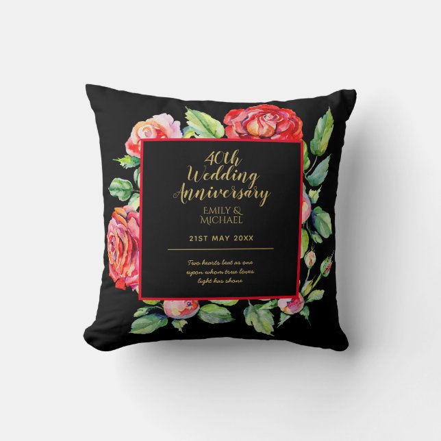 40th Wedding Anniversary Gift - Ruby Red Roses Cushion (Front)