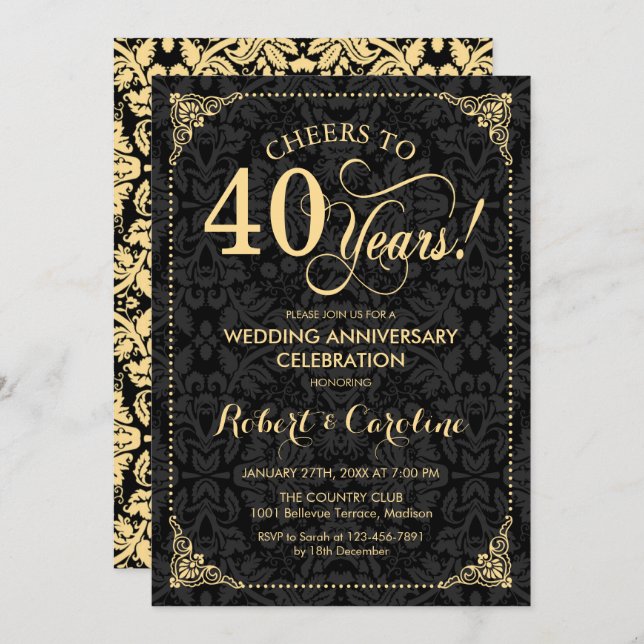 40th Wedding Anniversary - Gold Black Damask Invitation (Front/Back)