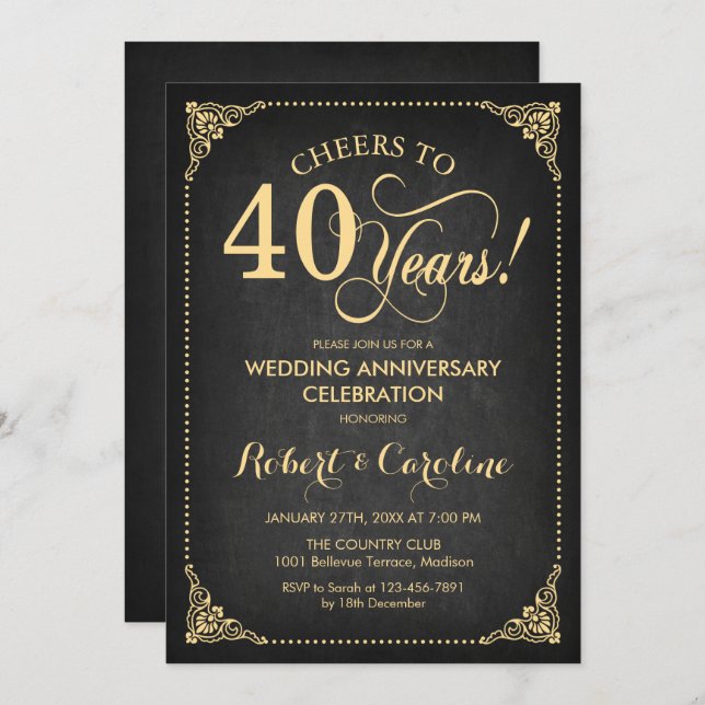 40th Wedding Anniversary - Gold Chalkboard Invitation (Front/Back)