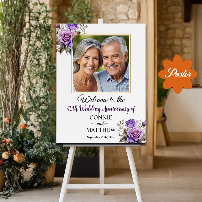 40th Wedding Anniversary Gold Frame Purple Roses Poster (Creator Uploaded)