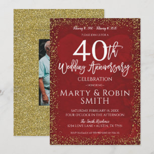 40th Wedding Anniversary Gold Glitter Ruby Red Invitation