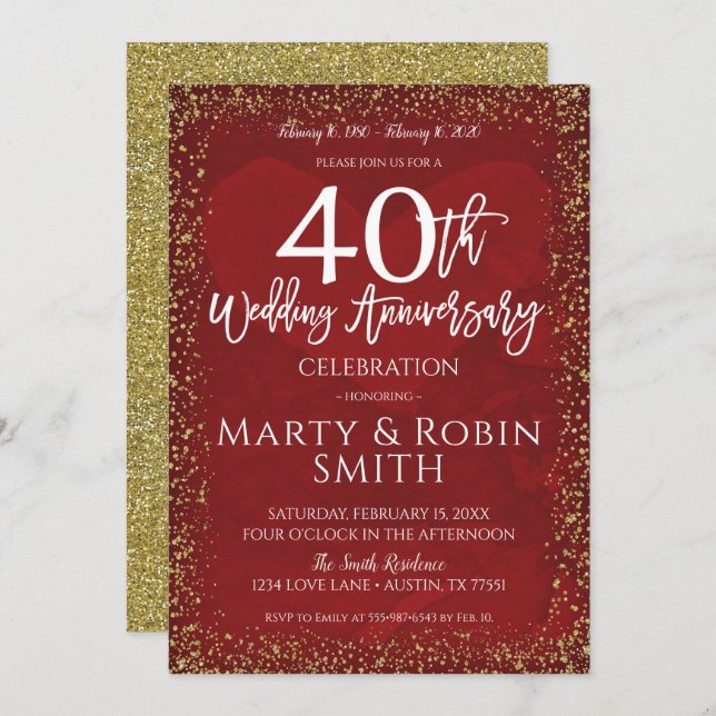 40th Wedding Anniversary Gold Glitter Ruby Red Invitation (Front/Back)