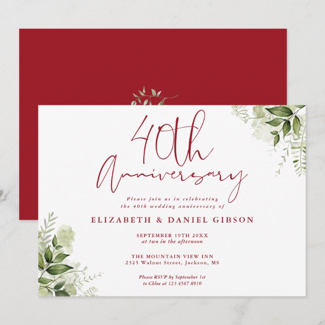 40th Wedding Anniversary Greenery Floral Invitation (Front/Back)