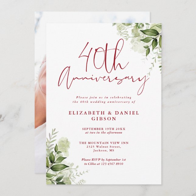 40th Wedding Anniversary Greenery Floral Photo Invitation (Front/Back)