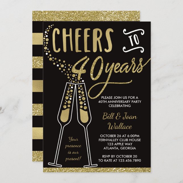 40th Wedding Anniversary Invitation, Faux Glitter Invitation (Front/Back)