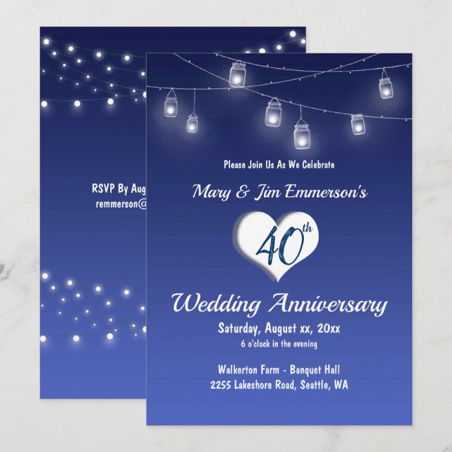 40th Wedding Anniversary Invitation -String Lights (Front/Back)