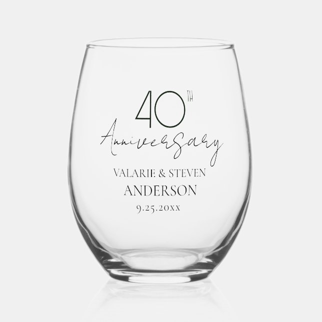 40th Wedding Anniversary Keepsake Stemless Wine Glass (Front)