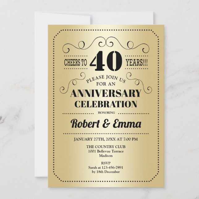 40th Wedding Anniversary Party - Gold Black Invitation (Front)