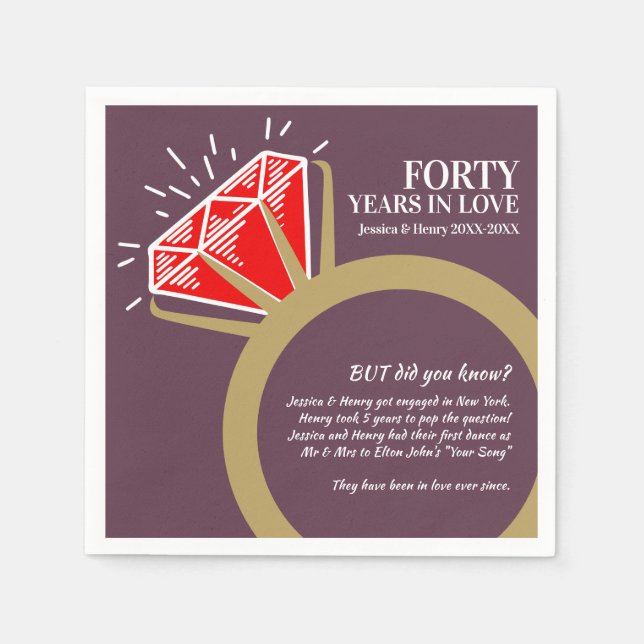40th wedding anniversary party ruby ring fun facts napkin (Front)