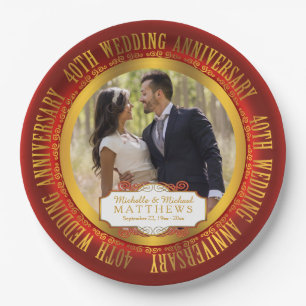 40th Wedding Anniversary Photo Red   Gold Tone Paper Plate