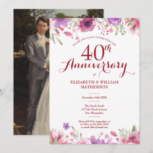 40th Wedding Anniversary Photo Watercolor Roses Invitation