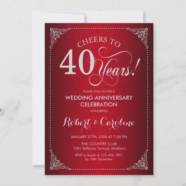 40th Wedding Anniversary - Red Silver Damask Invitation (Front)
