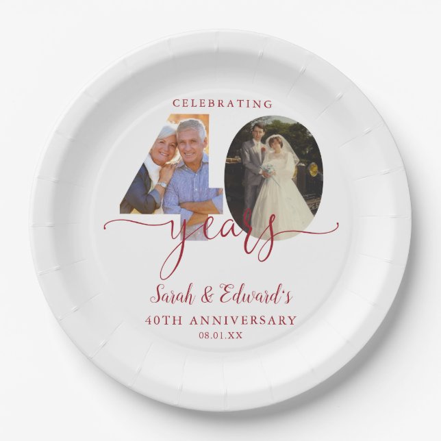40th Wedding Anniversary Ruby 2 Photo Paper Plate (Front)