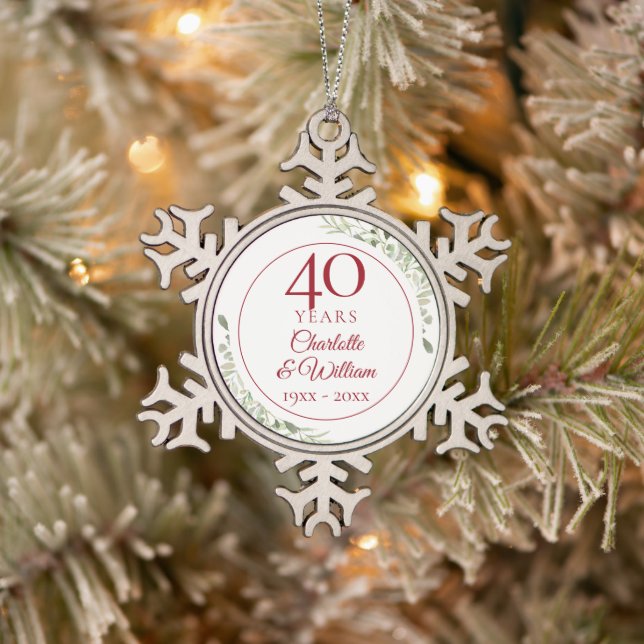 40th Wedding Anniversary Ruby Greenery Floral Snowflake Pewter Christmas Ornament (Tree)