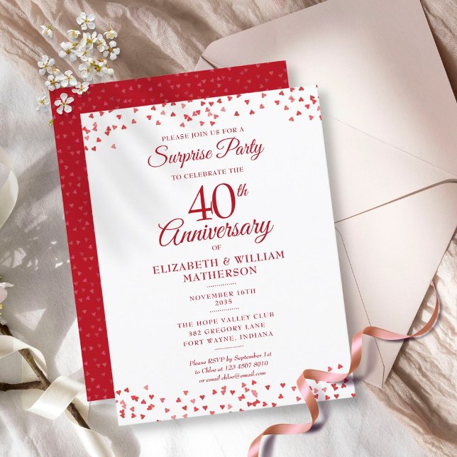 40th Wedding Anniversary Ruby Heart Surprise Party Announcement Postcard (Creator Uploaded)