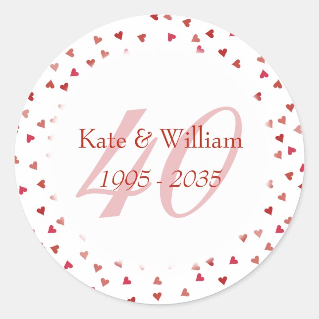 40th Wedding Anniversary Ruby Hearts Confetti Classic Round Sticker (Front)