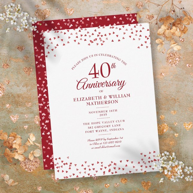 40th Wedding Anniversary Ruby Hearts Confetti Invitation (40th Wedding Anniversary Ruby Hearts Confetti Invitation)