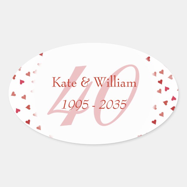 40th Wedding Anniversary Ruby Hearts Confetti Oval Sticker (Front)
