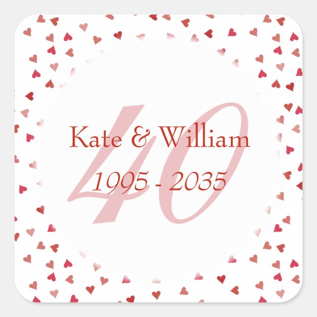 40th Wedding Anniversary Ruby Hearts Confetti Square Sticker (Front)