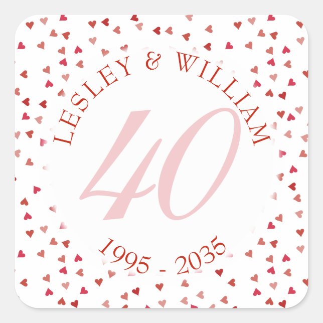 40th Wedding Anniversary Ruby Hearts Confetti Square Sticker (Front)