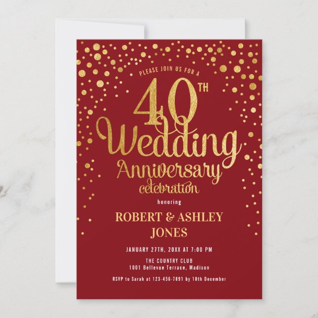 40th Wedding Anniversary - Ruby Red & Gold Invitation (Front)