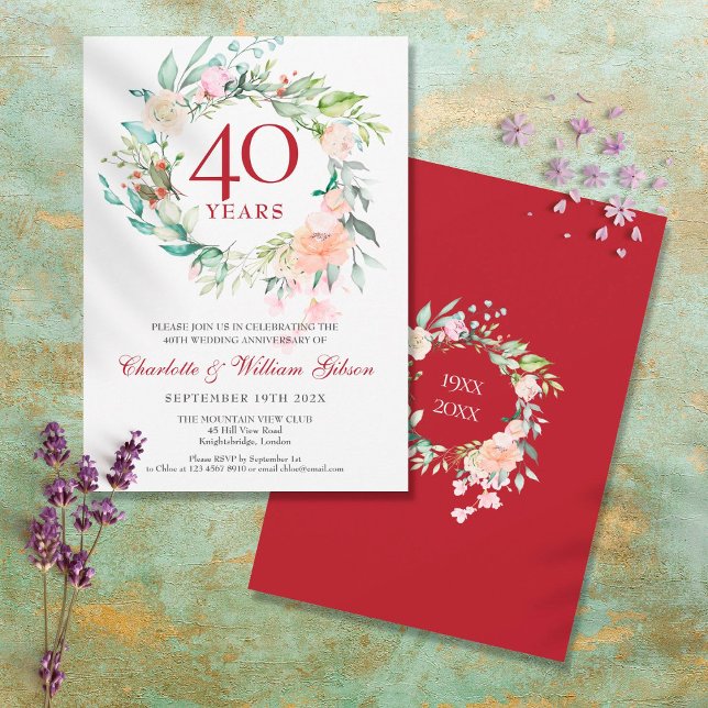 40th Wedding Anniversary Ruby Watercolor Floral Invitation (Creator Uploaded)