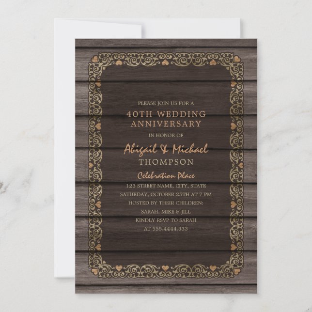 40th Wedding Anniversary Rustic Wood Country Party Invitation (Front)