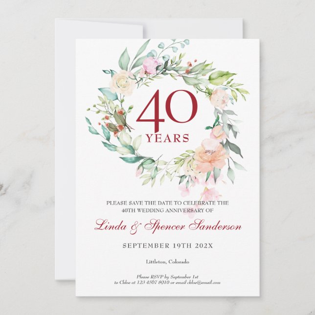 40th Wedding Anniversary Save the Date Floral Invitation (Front)