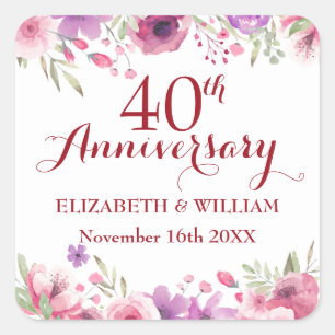 40th Wedding Anniversary Watercolor Roses Floral Square Sticker