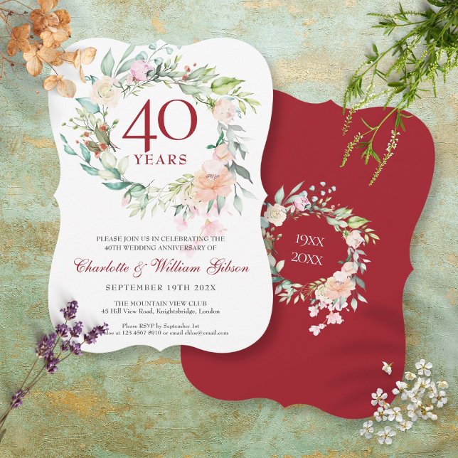 40th Wedding Ruby Anniversary Roses Garland  Invitation (Creator Uploaded)