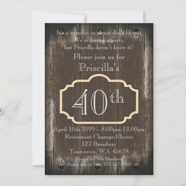 40thBirthday Party Woman,Woman any age,wood,rustic Invitation (Front)