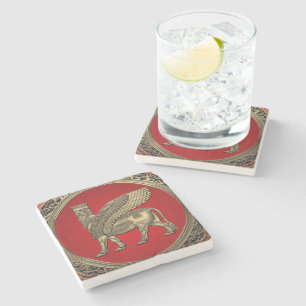 [410] Assyrian Winged Bull - Gold Lamassu Stone Coaster