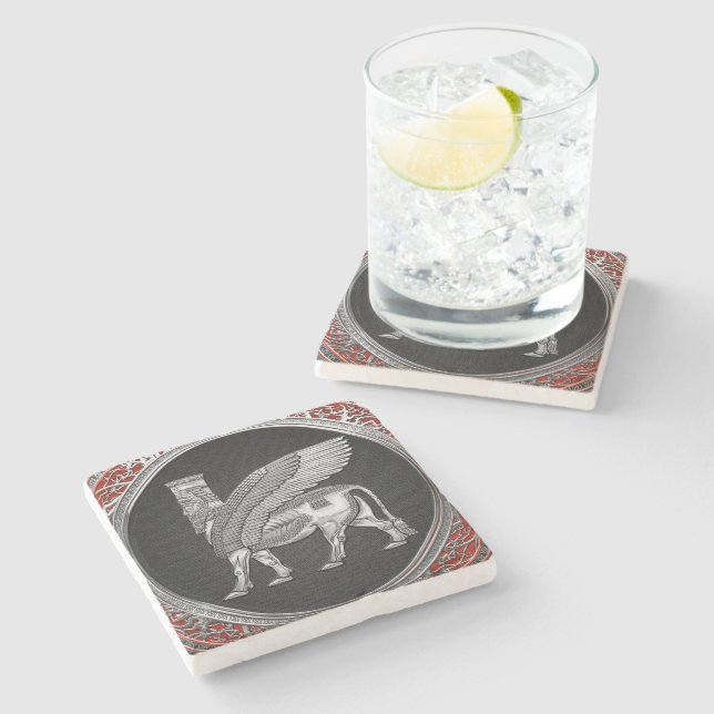 [410] Assyrian Winged Bull - Silver Lamassu Stone Coaster (Side)