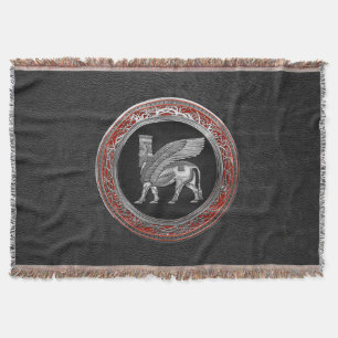 [410] Assyrian Winged Bull - Silver Lamassu Throw Blanket