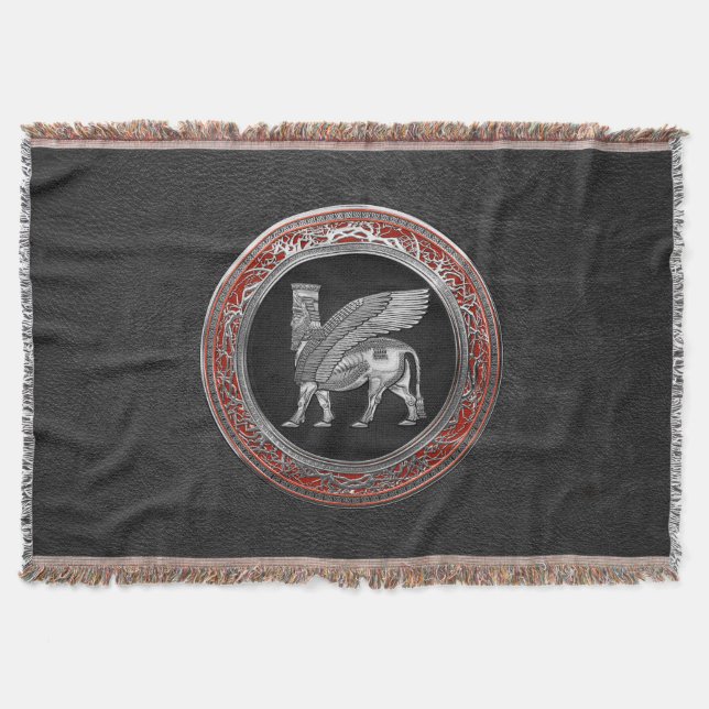 [410] Assyrian Winged Bull - Silver Lamassu Throw Blanket (Front)