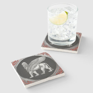 [410] Assyrian Winged Lion - Silver Lamassu Stone Coaster