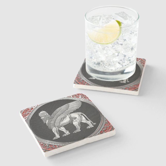 [410] Assyrian Winged Lion - Silver Lamassu Stone Coaster (Side)