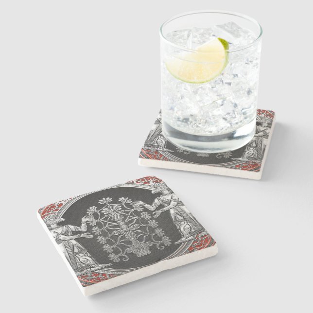 [410] Two Silver Ninurtas with Tree of Life Stone Coaster (Side)