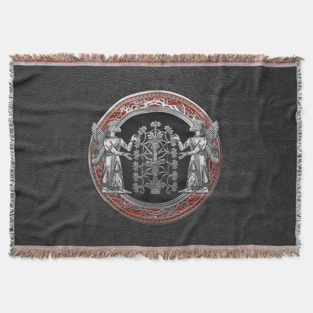 [410] Two Silver Ninurtas with Tree of Life Throw Blanket (Front)