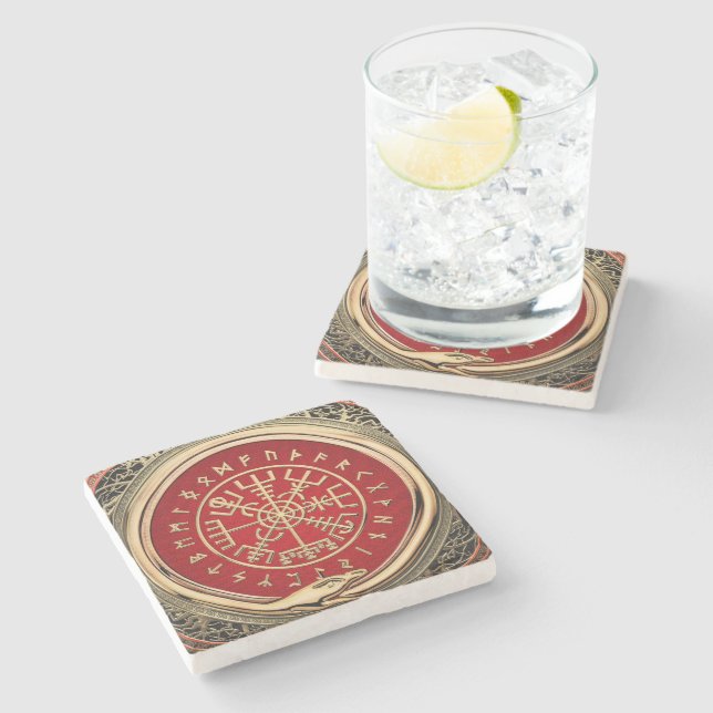 [410] Vegvisir - Viking Gold Magic Runic Compass Stone Coaster (Side)