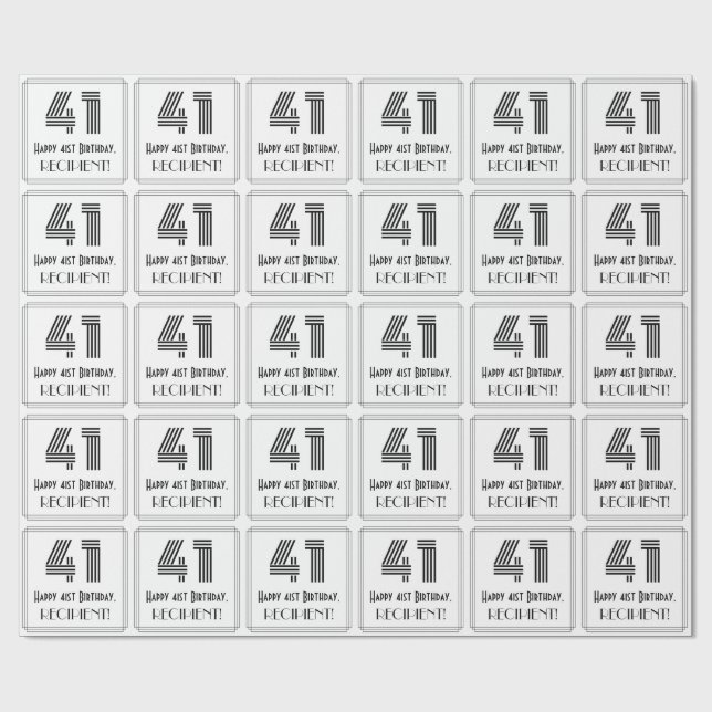 41st Birthday: Art Deco Inspired Style "41" + Name Wrapping Paper (Flat)