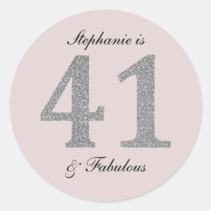 41st Birthday Blush Pink Silver Grey Glitter Classic Round Sticker