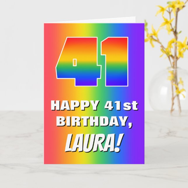 41st Birthday: Colorful, Fun Rainbow Pattern # 41 Card (Yellow Flower)