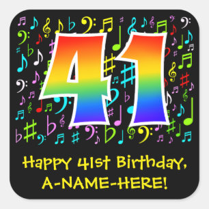 41st Birthday: Colorful Music Symbols, Rainbow 41 Square Sticker