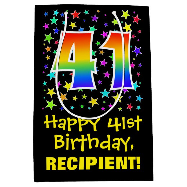 41st Birthday: Colourful Stars Pattern & Rainbow 4 Medium Gift Bag (Front)