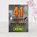 41st Birthday: Eerie Halloween Theme   Custom Name Card<br><div class="desc">The front of this scary and spooky Halloween themed birthday greeting card design features a large number “41” and the message “HAPPY BIRTHDAY, ”, plus an editable name. There are also depictions of a bat and a ghost on the front. The inside features a customised birthday greeting message, or could...</div>