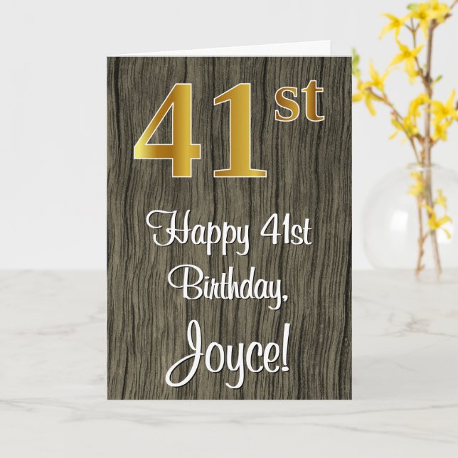 41st Birthday: Elegant Faux Gold Look #, Faux Wood Card (Yellow Flower)