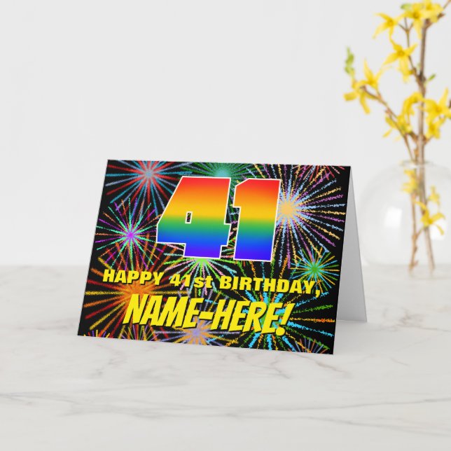 41st Birthday: Fun, Colourful Celebratory Firework Card (Yellow Flower)